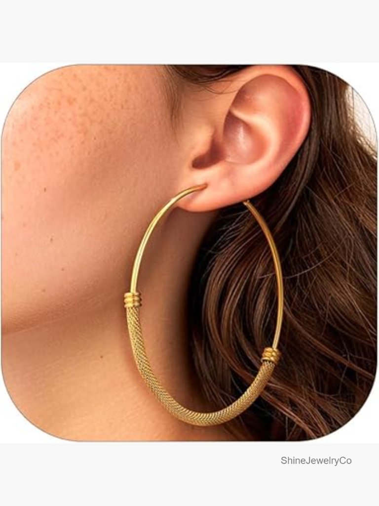 Chunky 80mm Hoop Earrings Gold Plated Stainless Steel Hollow Grid